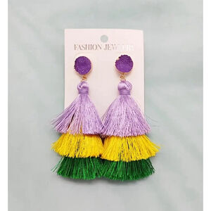 Pastel Purple Green and Gold Mardi Gras Tassel Earrings